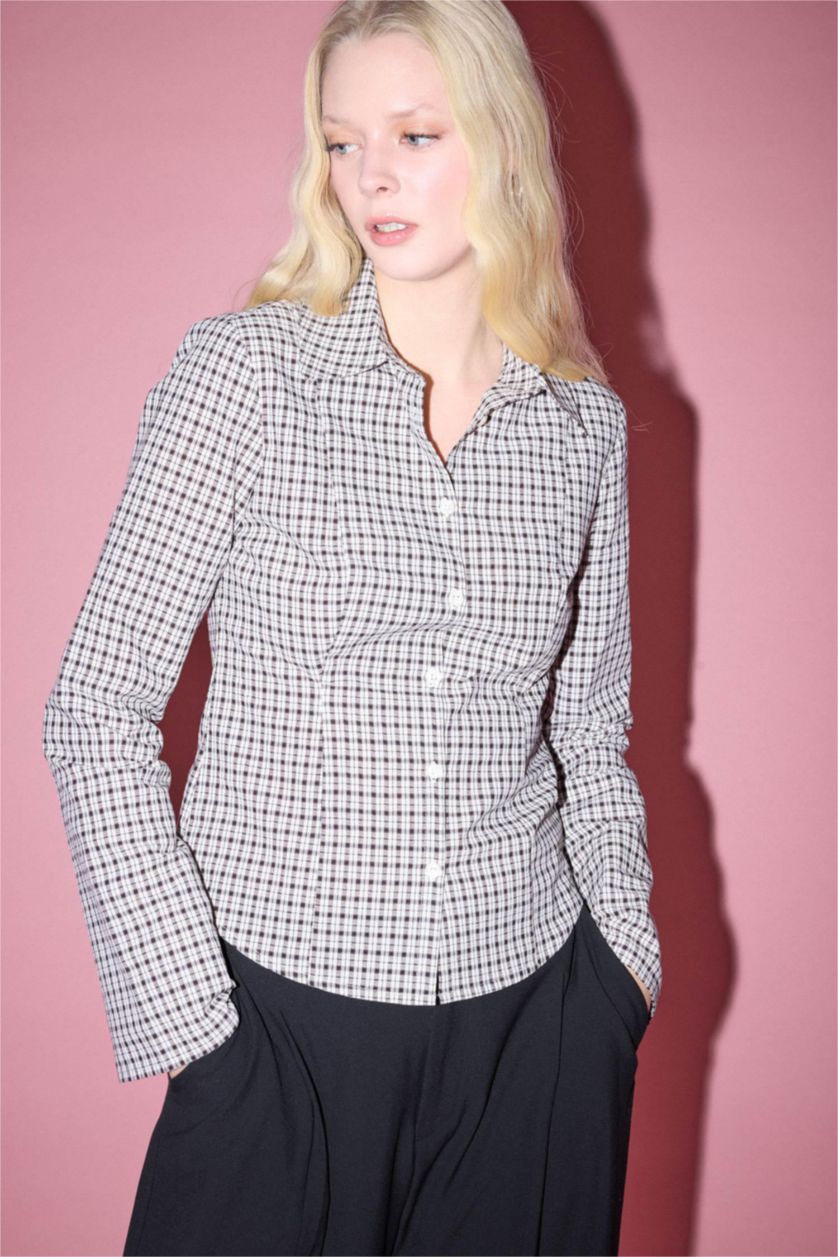 Woman Brown Fitted Shirt Collar Checked Long Sleeve Shirt