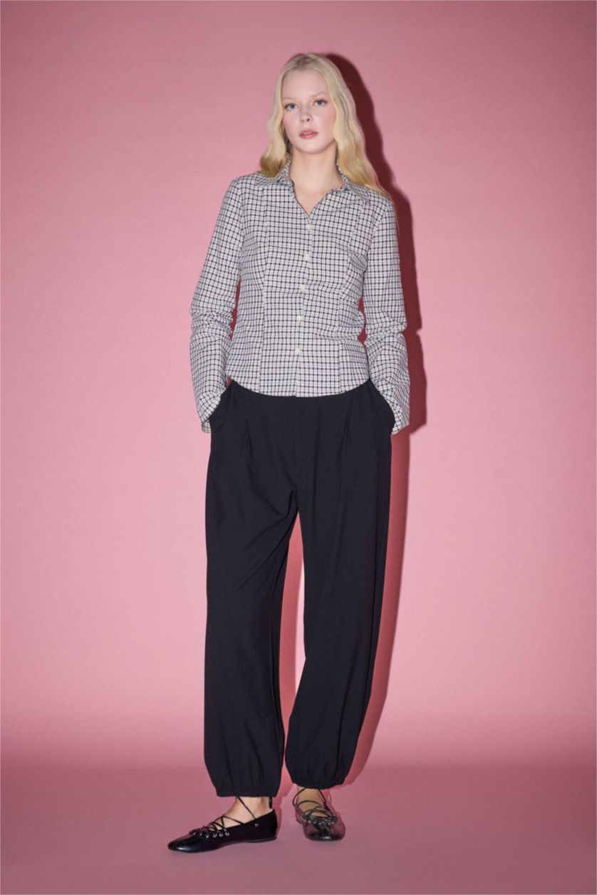 Woman Brown Fitted Shirt Collar Checked Long Sleeve Shirt