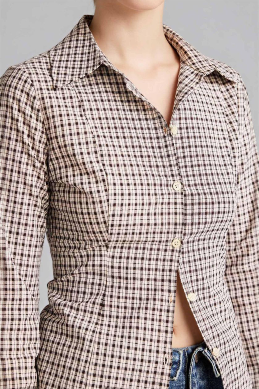 Woman Brown Fitted Shirt Collar Checked Long Sleeve Shirt