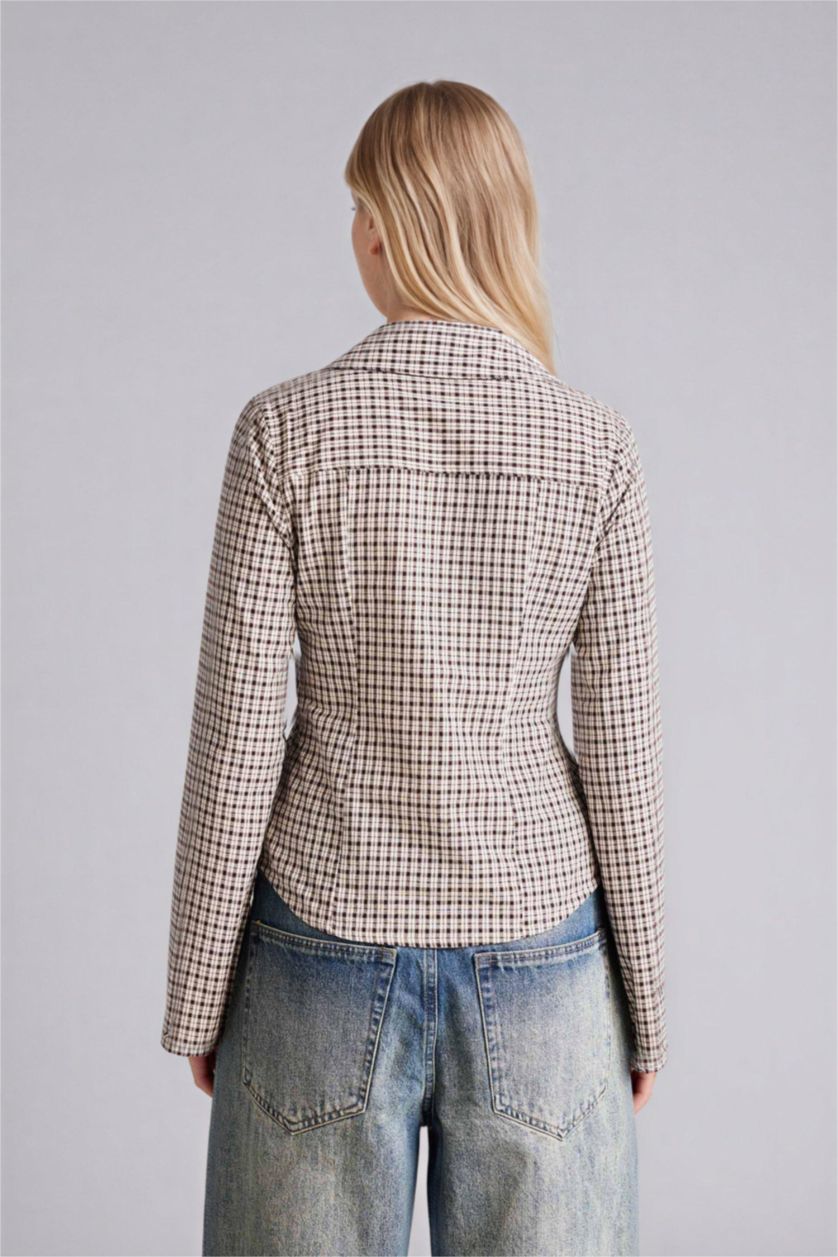 Woman Brown Fitted Shirt Collar Checked Long Sleeve Shirt