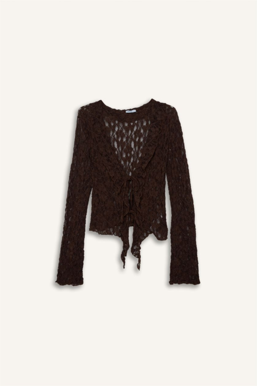 Kadın Kahve Fıtted Dantel Uzun Kollu Bluz
