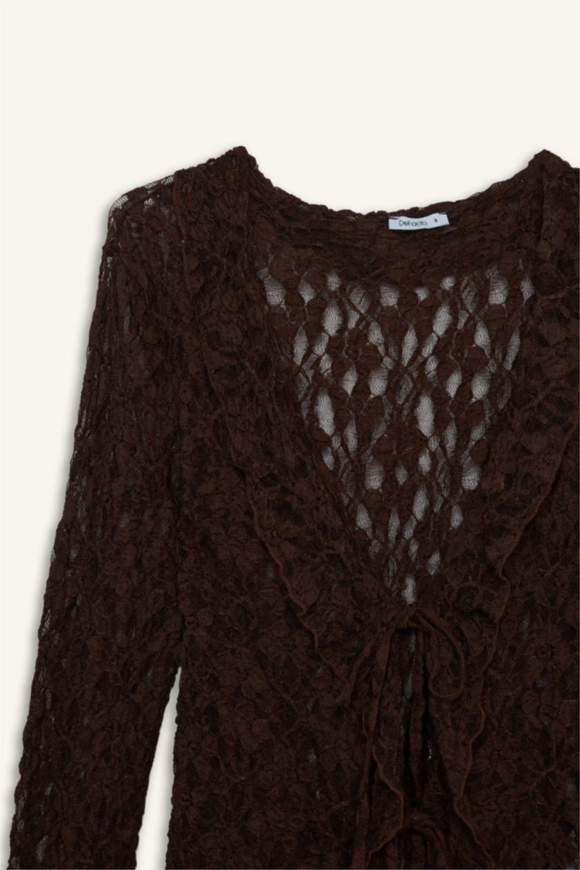 Kadın Kahve Fıtted Dantel Uzun Kollu Bluz