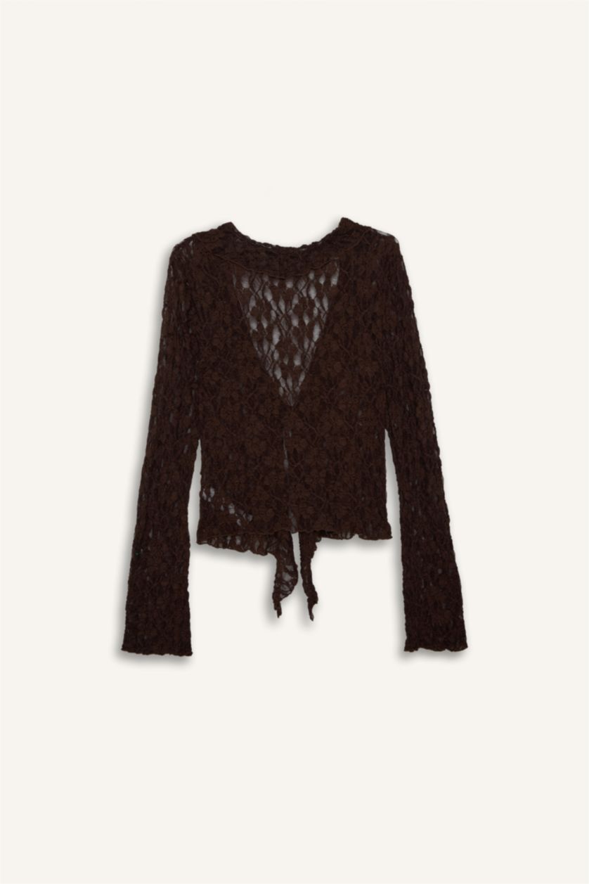 Kadın Kahve Fıtted Dantel Uzun Kollu Bluz