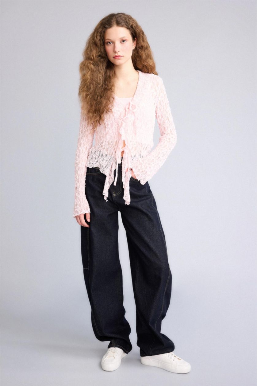 Kadın Açık Pembe Fıtted Bağlamalı Dantel Bluz