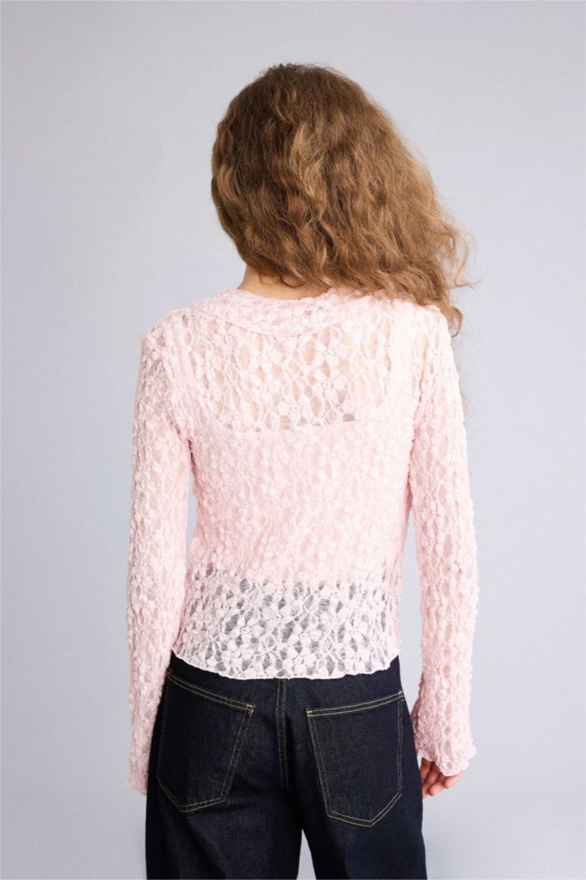Kadın Açık Pembe Fıtted Bağlamalı Dantel Bluz
