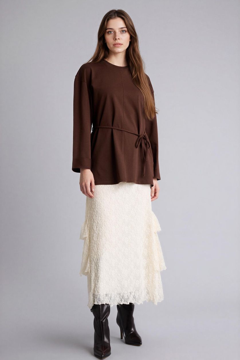 Kadın Kırık Beyaz A Kesim Dantel Midi Etek