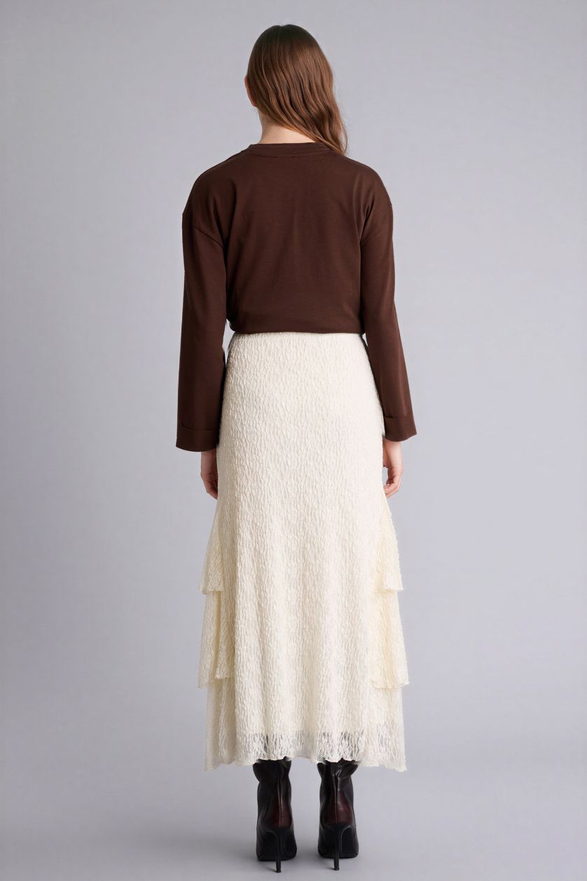 Kadın Kırık Beyaz A Kesim Dantel Midi Etek