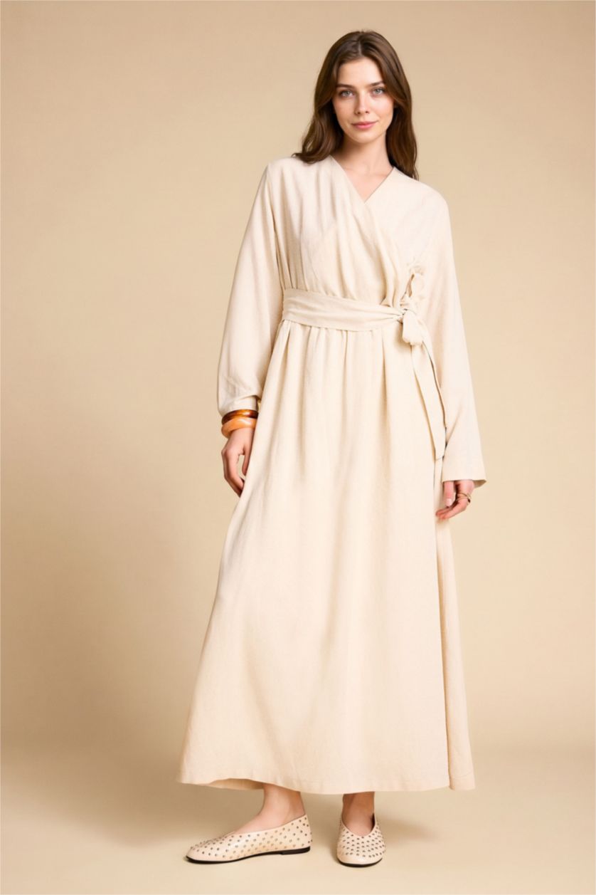 Әйелдерге ашық реңк Зығыр аралас белдікті макси көйлек