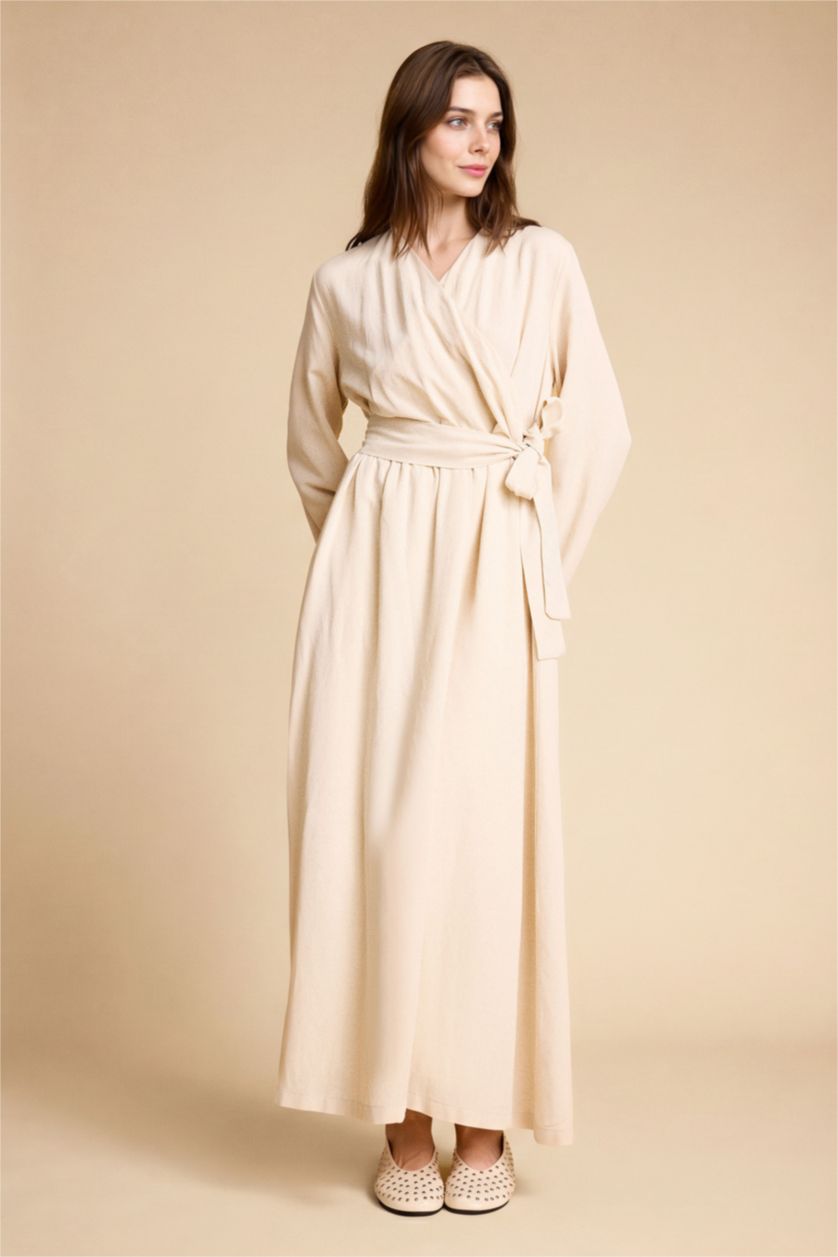 Әйелдерге ашық реңк Зығыр аралас белдікті макси көйлек