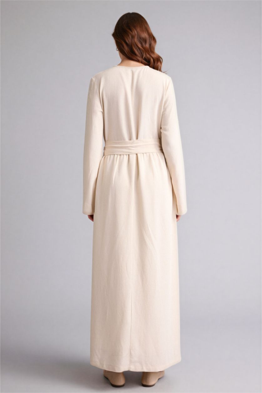 Woman Beige V-Neck Linen Blended Dress