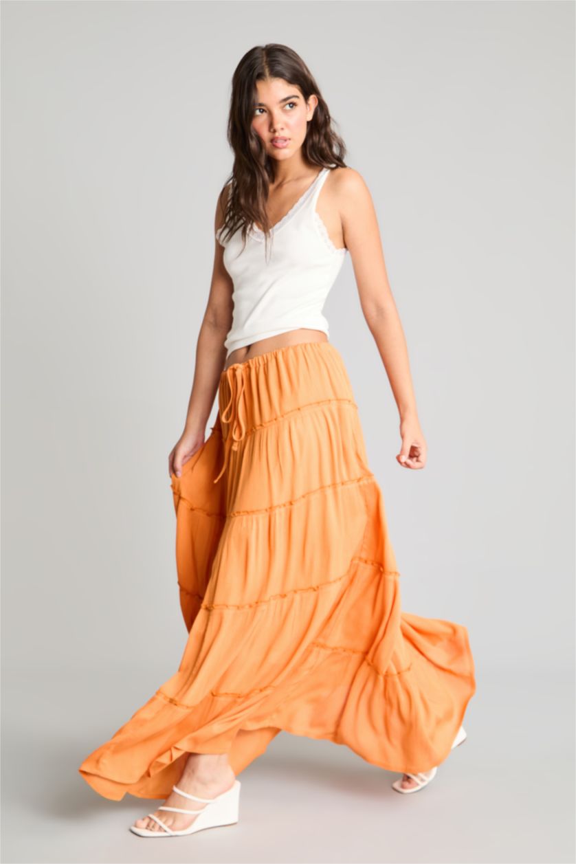 WOMAN Orange Regular Waist Cotton Lined Crinkle Fabric Maxi Skirt