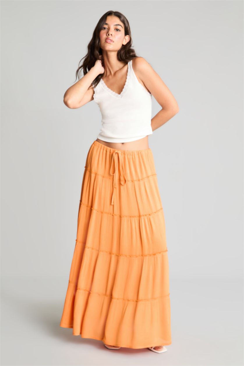 WOMAN Orange Regular Waist Cotton Lined Crinkle Fabric Maxi Skirt