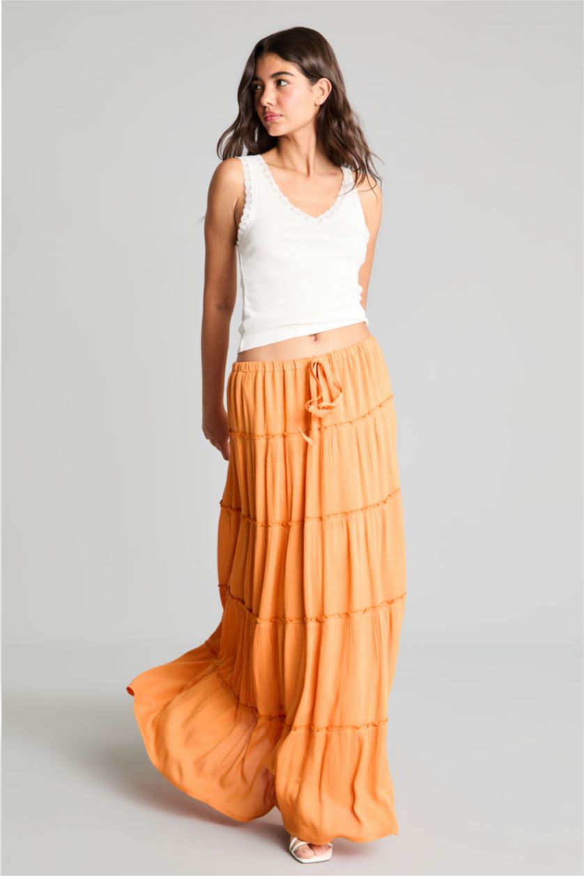 WOMAN Orange Regular Waist Cotton Lined Crinkle Fabric Maxi Skirt