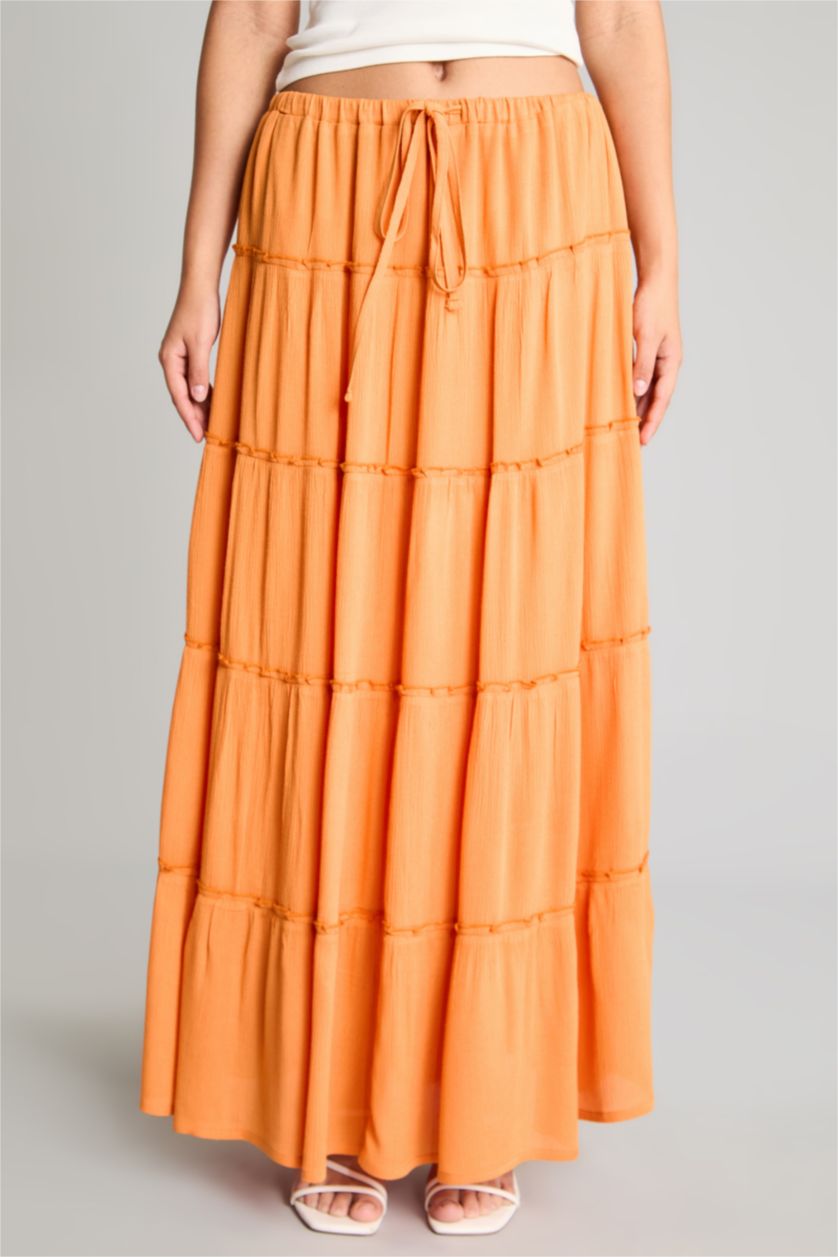 WOMAN Orange Regular Waist Cotton Lined Crinkle Fabric Maxi Skirt
