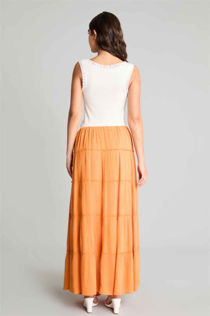 WOMAN Orange Regular Waist Cotton Lined Crinkle Fabric Maxi Skirt