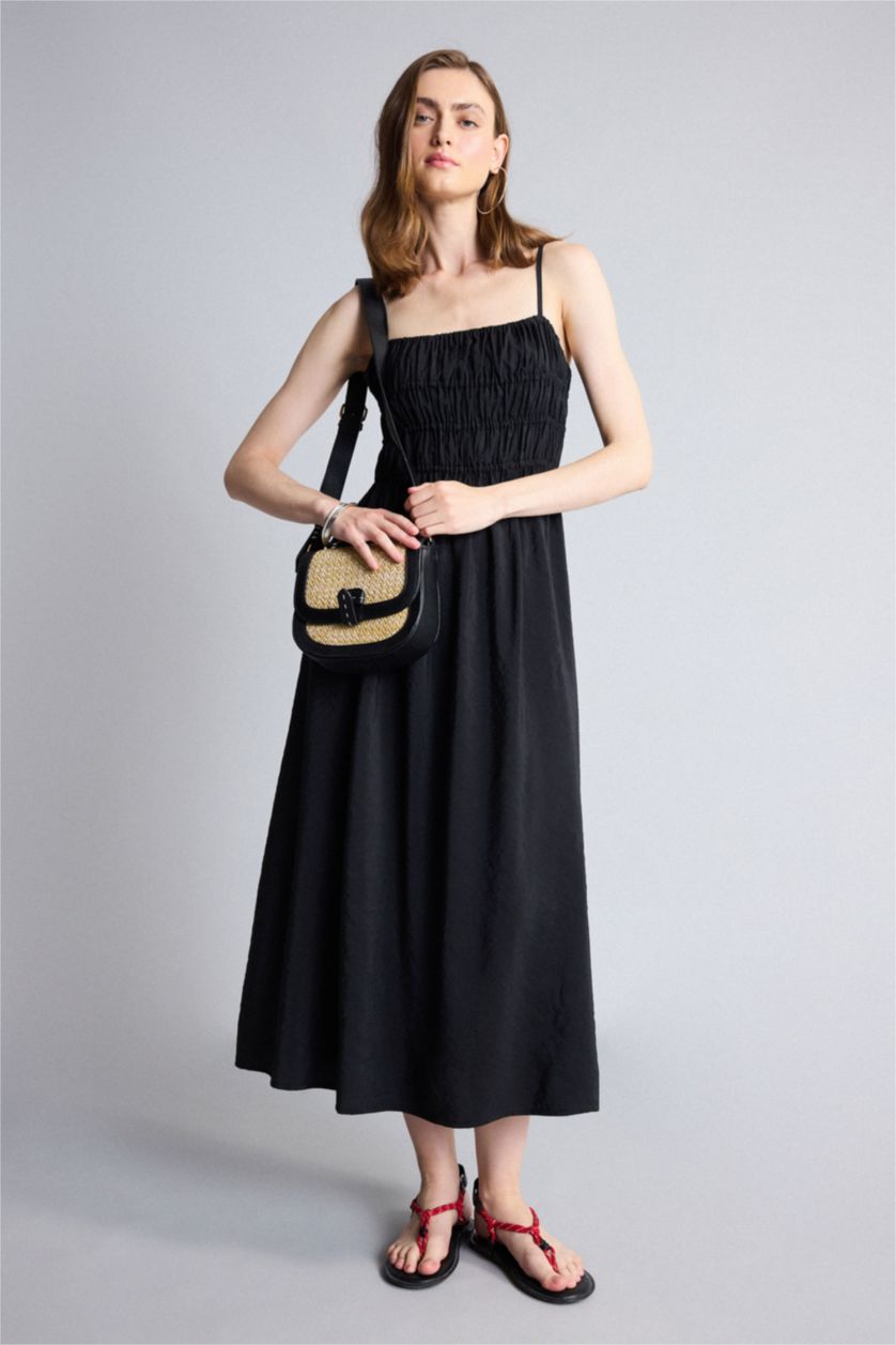 WOMAN Black A-Line Square Neck Modal Midi Dress