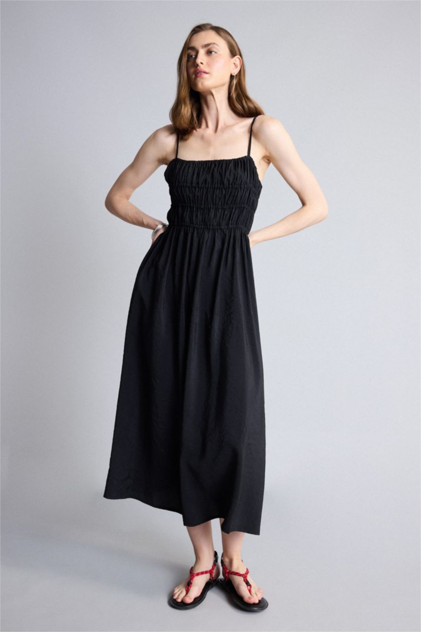 WOMAN Black A-Line Square Neck Modal Midi Dress