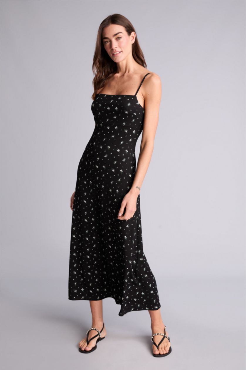 Женщины Черный Платье миди А-силуэта без рукавов с квадратным вырезом и принтом