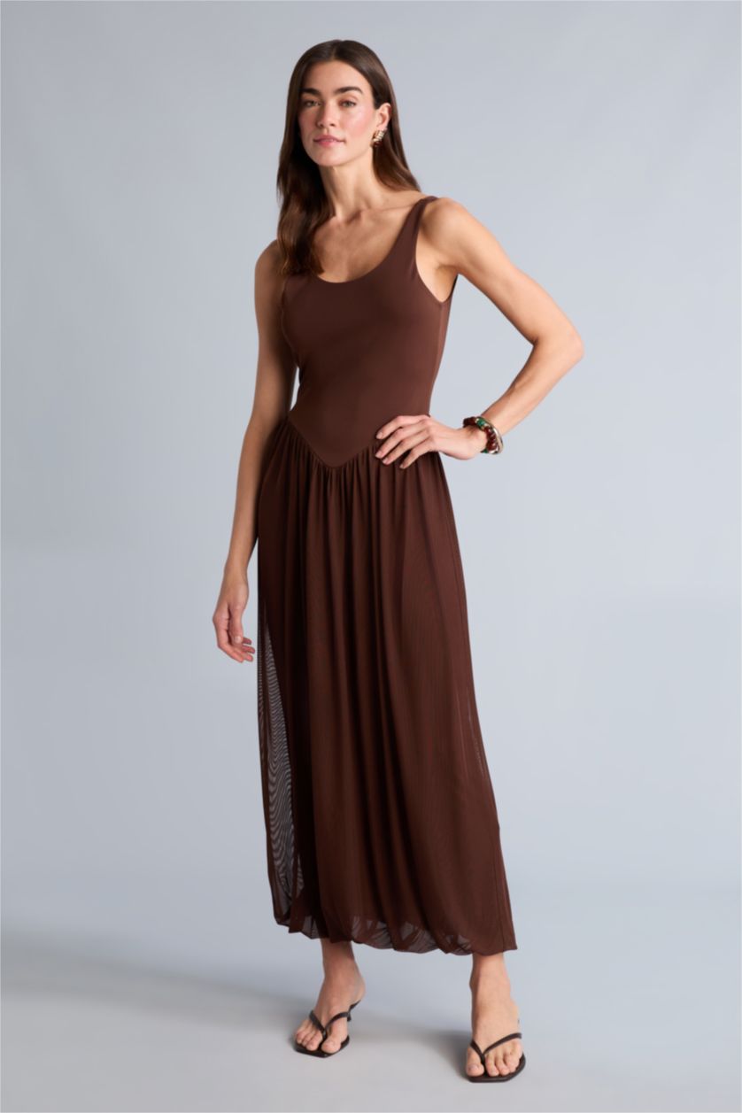 Женщины Коричневый Платье миди из тюля Balloon Fit без рукавов с U-образным вырезом