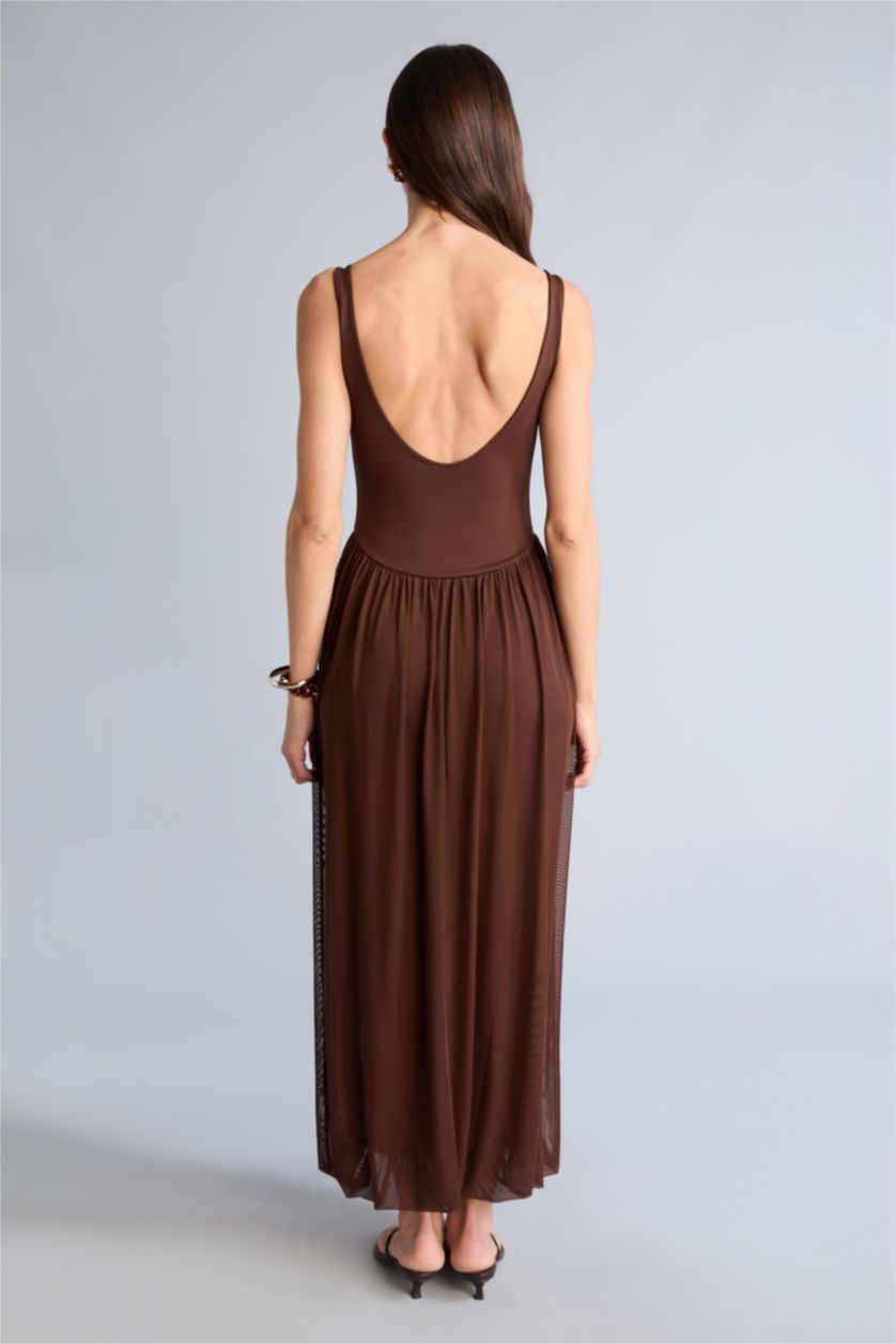 Женщины Коричневый Платье миди из тюля Balloon Fit без рукавов с U-образным вырезом