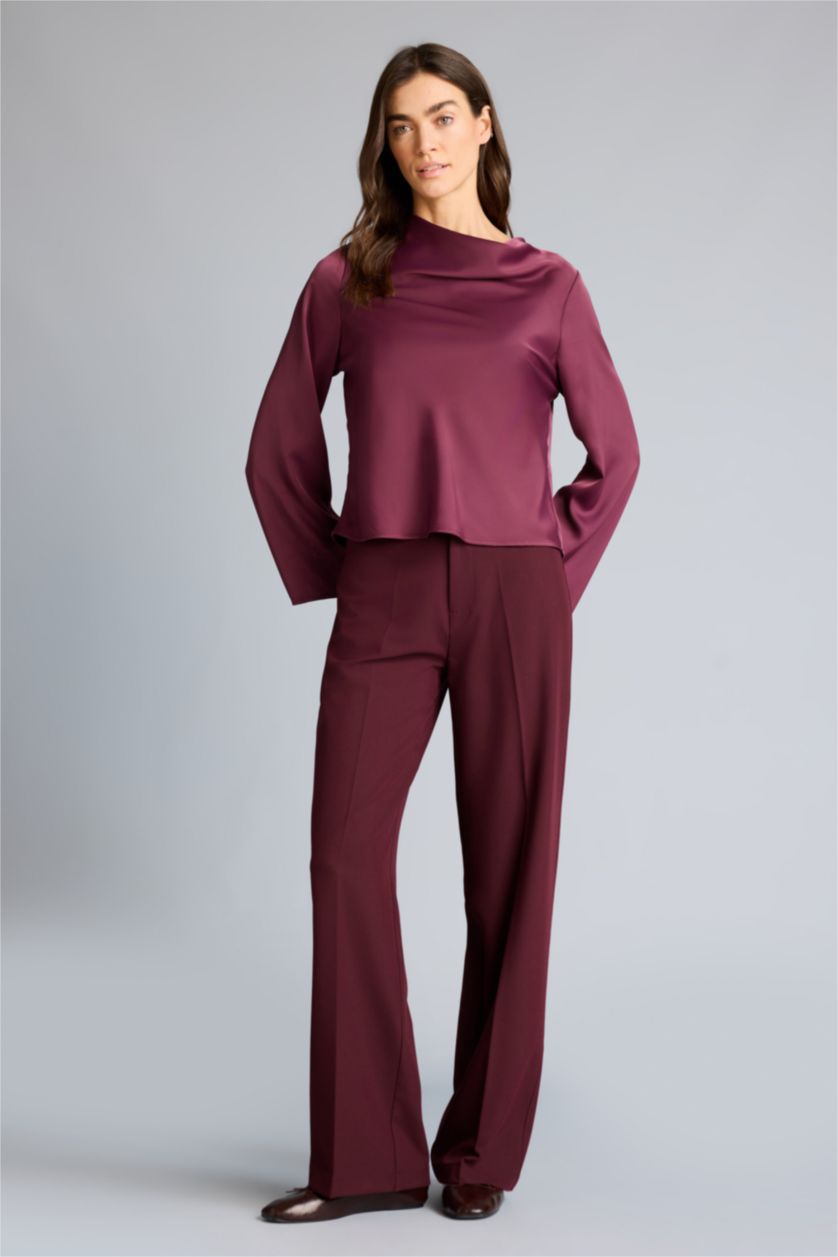 Kadın Bordo Regular Fıt Degaje Yaka Saten Uzun Kollu Bluz