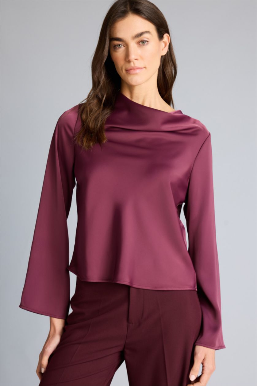 Kadın Bordo Regular Fıt Degaje Yaka Saten Uzun Kollu Bluz
