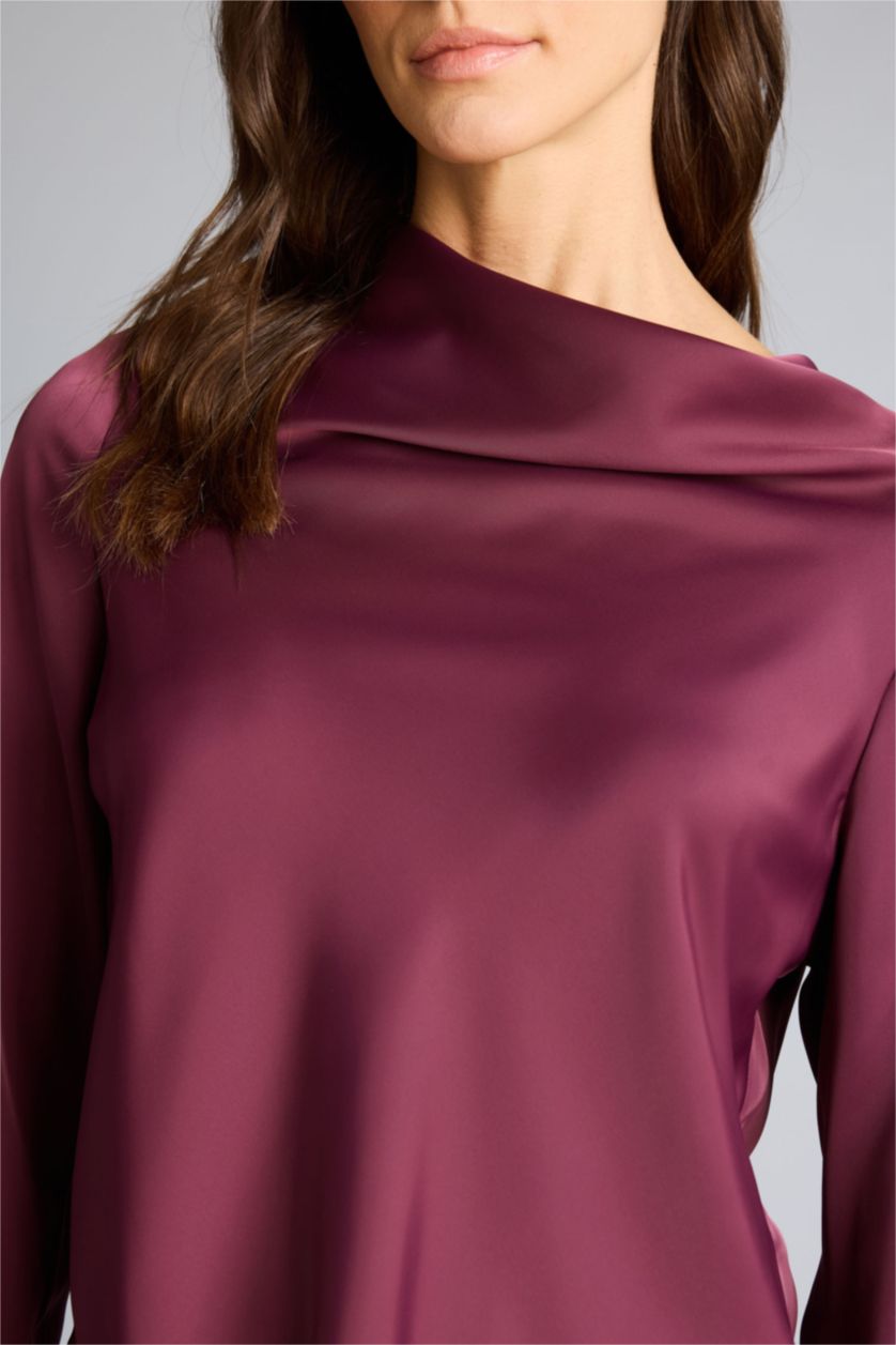 Kadın Bordo Regular Fıt Degaje Yaka Saten Uzun Kollu Bluz