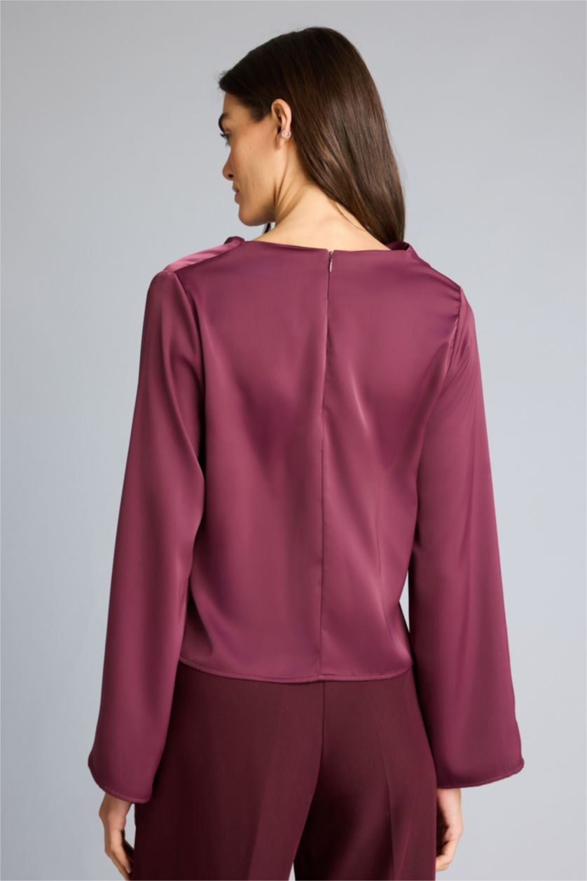 Kadın Bordo Regular Fıt Degaje Yaka Saten Uzun Kollu Bluz