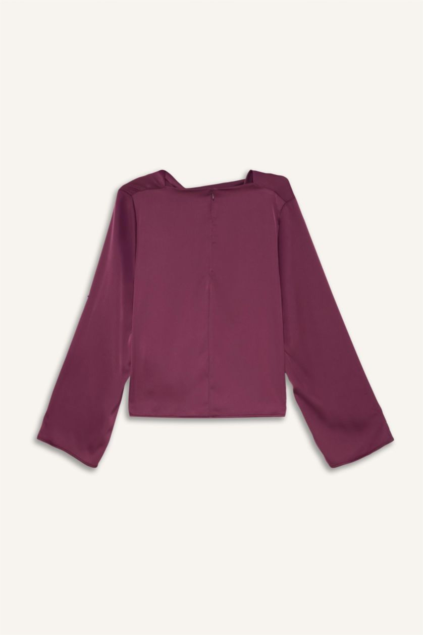 Kadın Bordo Regular Fıt Degaje Yaka Saten Uzun Kollu Bluz