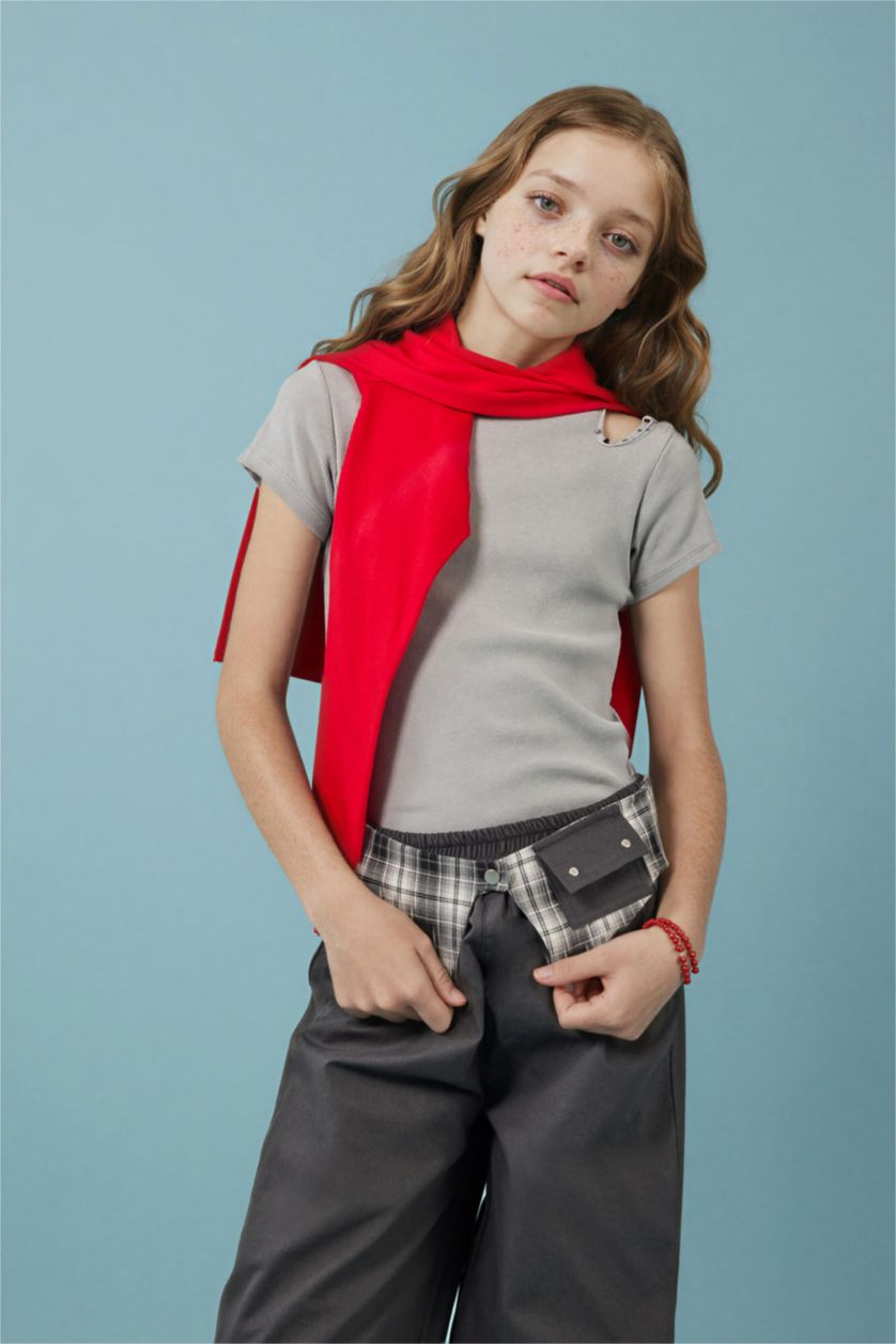 Kız Çocuk - Genç Kız Açık Gri Fitilli Kaşkorse Tişört Kız Çocuk