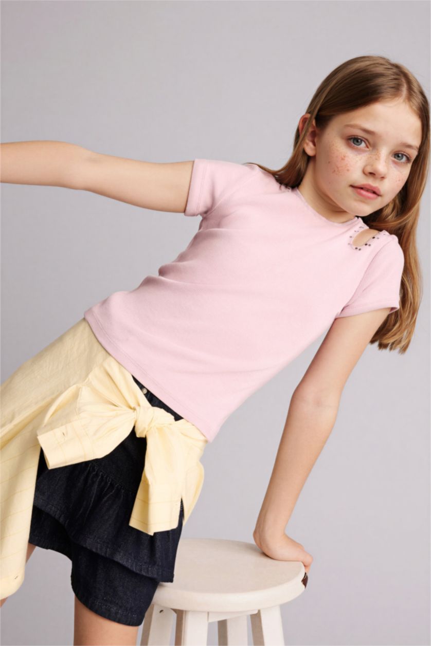 GIRLS & TEENS Light Rose Girl Crew Neck Ribbed Short Sleeve T-Shirt