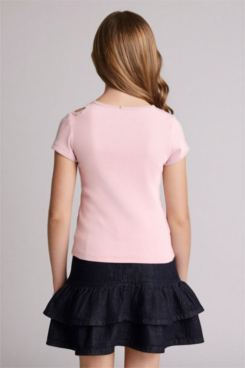 GIRLS & TEENS Light Rose Girl Crew Neck Ribbed Short Sleeve T-Shirt