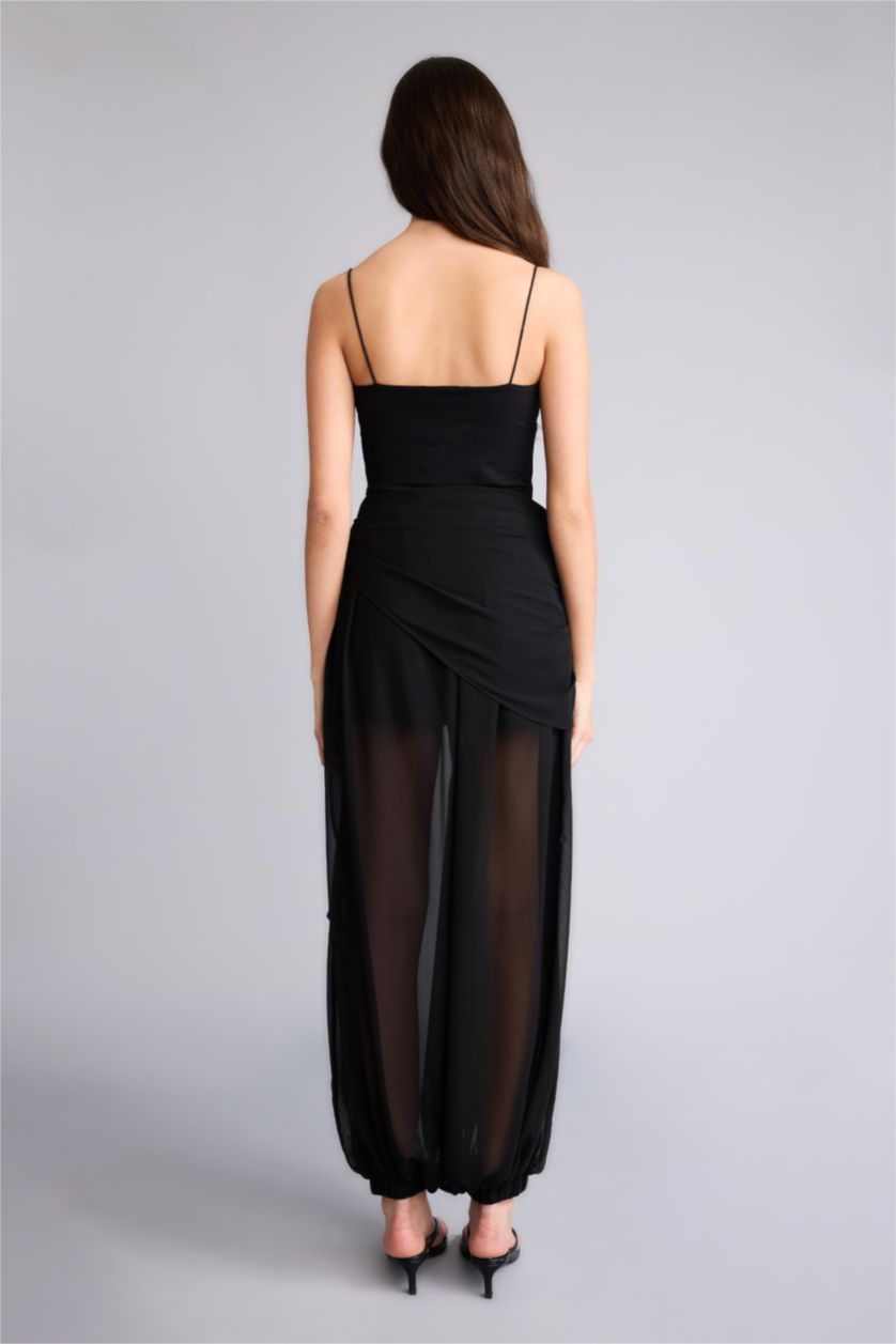 Kadın Siyah Balloon Fıt Normal Bel Standart Boy Şifon Pantolon