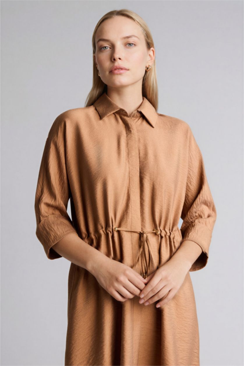 Kadın Camel Regular Fıt Gömlek Yaka Yarım Kol Elbise