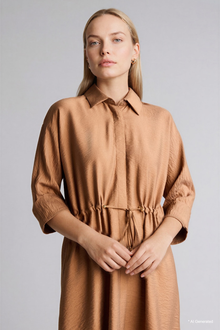 WOMAN Camel Regular Fit Shirt Collar Dress