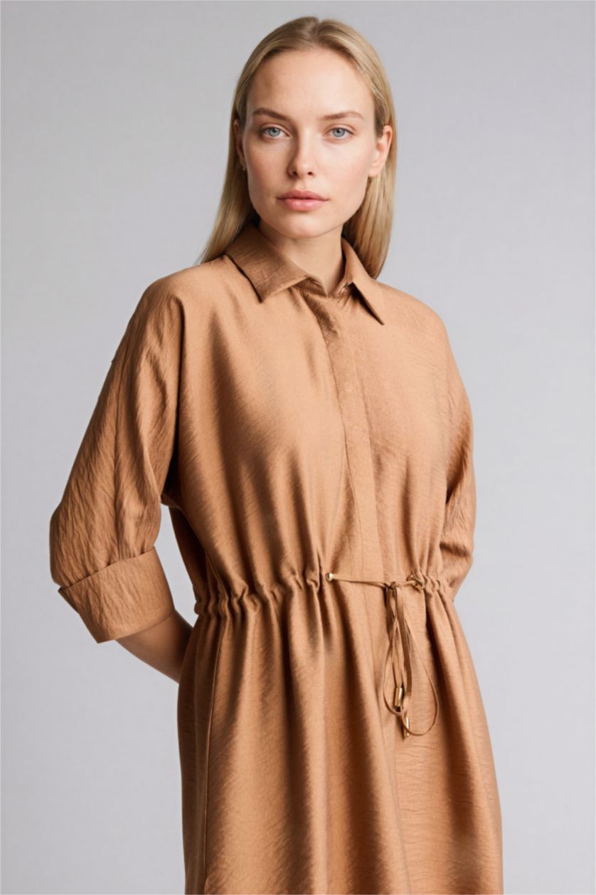 Kadın Camel Regular Fıt Gömlek Yaka Yarım Kol Elbise