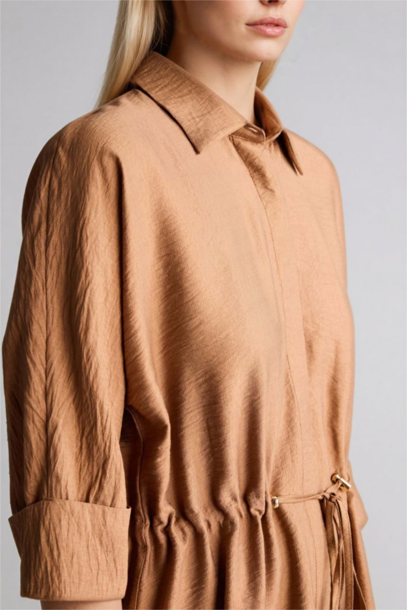 Kadın Camel Regular Fıt Gömlek Yaka Yarım Kol Elbise