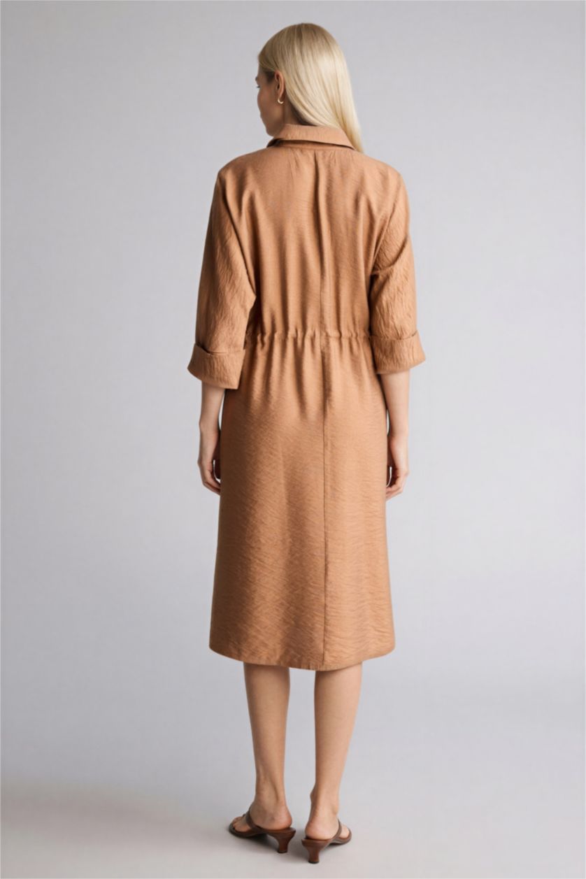 Kadın Camel Regular Fıt Gömlek Yaka Yarım Kol Elbise