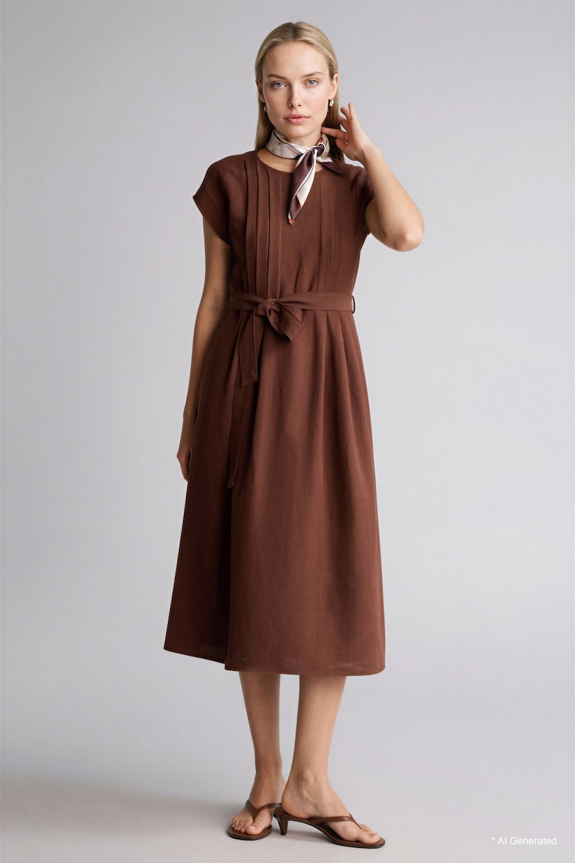 Women Brown Round Collar Linen Blended Batwing Dress