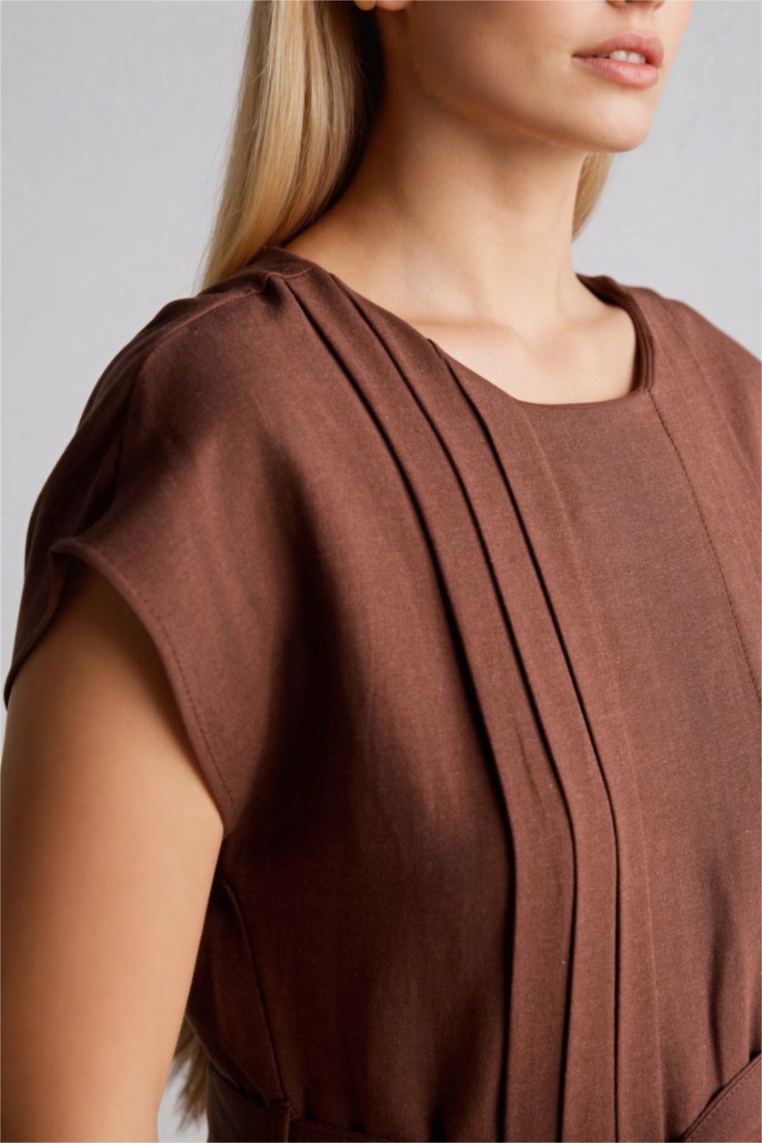 Kadın Kahve Yuvarlak Yaka Keten Karışımlı Kısa Kollu Elbise