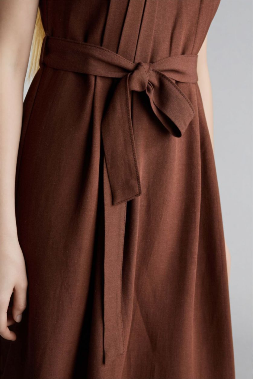 Kadın Kahve Yuvarlak Yaka Keten Karışımlı Kısa Kollu Elbise