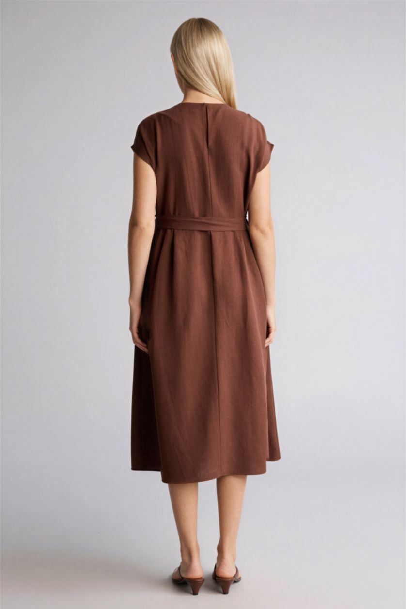 Kadın Kahve Yuvarlak Yaka Keten Karışımlı Kısa Kollu Elbise