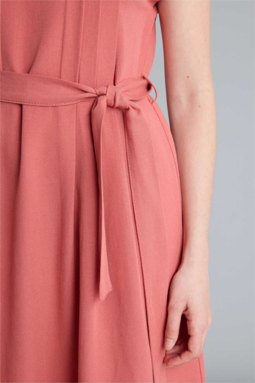 Kadın Koyu Gülkurusu Yuvarlak Yaka Keten Karışımlı Kısa Kollu Elbise