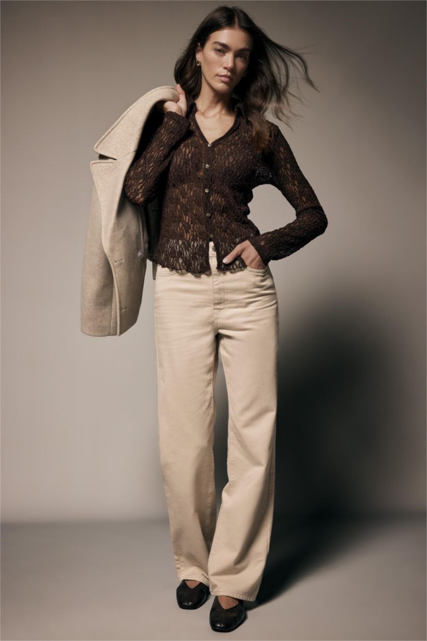 Woman Stone Straight Fit Regular Hem Gabardine Trousers