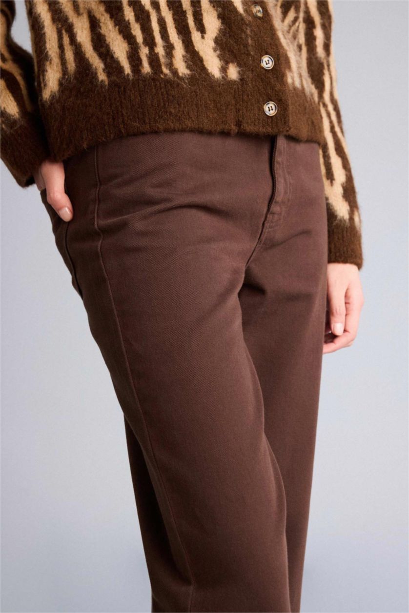 Woman Brown Straight Fit Regular Hem Gabardine Trousers