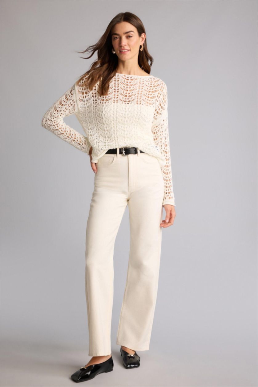 Woman White Straight Fit Regular Hem Gabardine Trousers