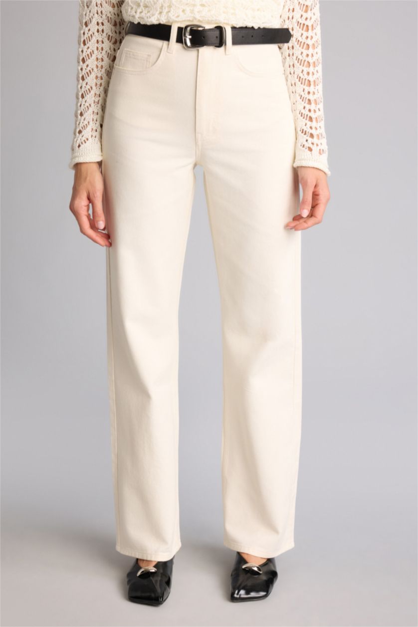 Woman White Straight Fit Regular Hem Gabardine Trousers