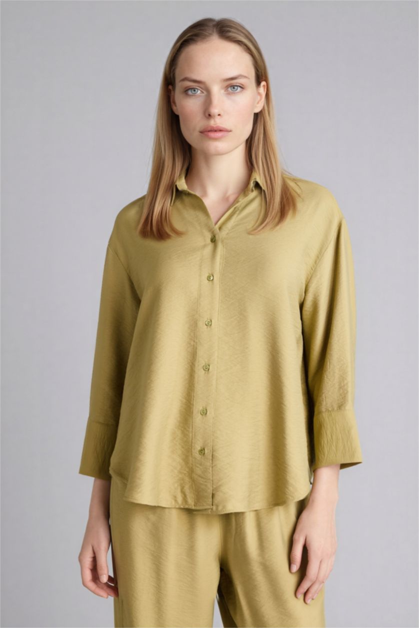 Kadın Zeytin Yeşili Regular Fıt Uzun Kollu Gömlek