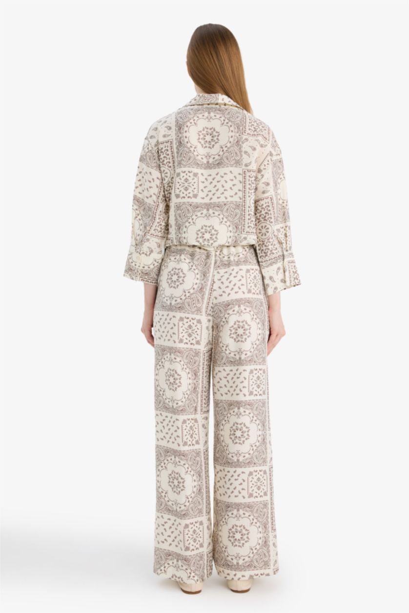 Kadın Ekru Straıght Wıde Baskılı Düz Paça Pantolon