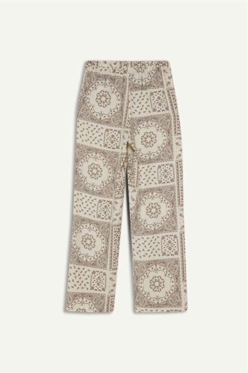 Kadın Ekru Straıght Wıde Baskılı Düz Paça Pantolon